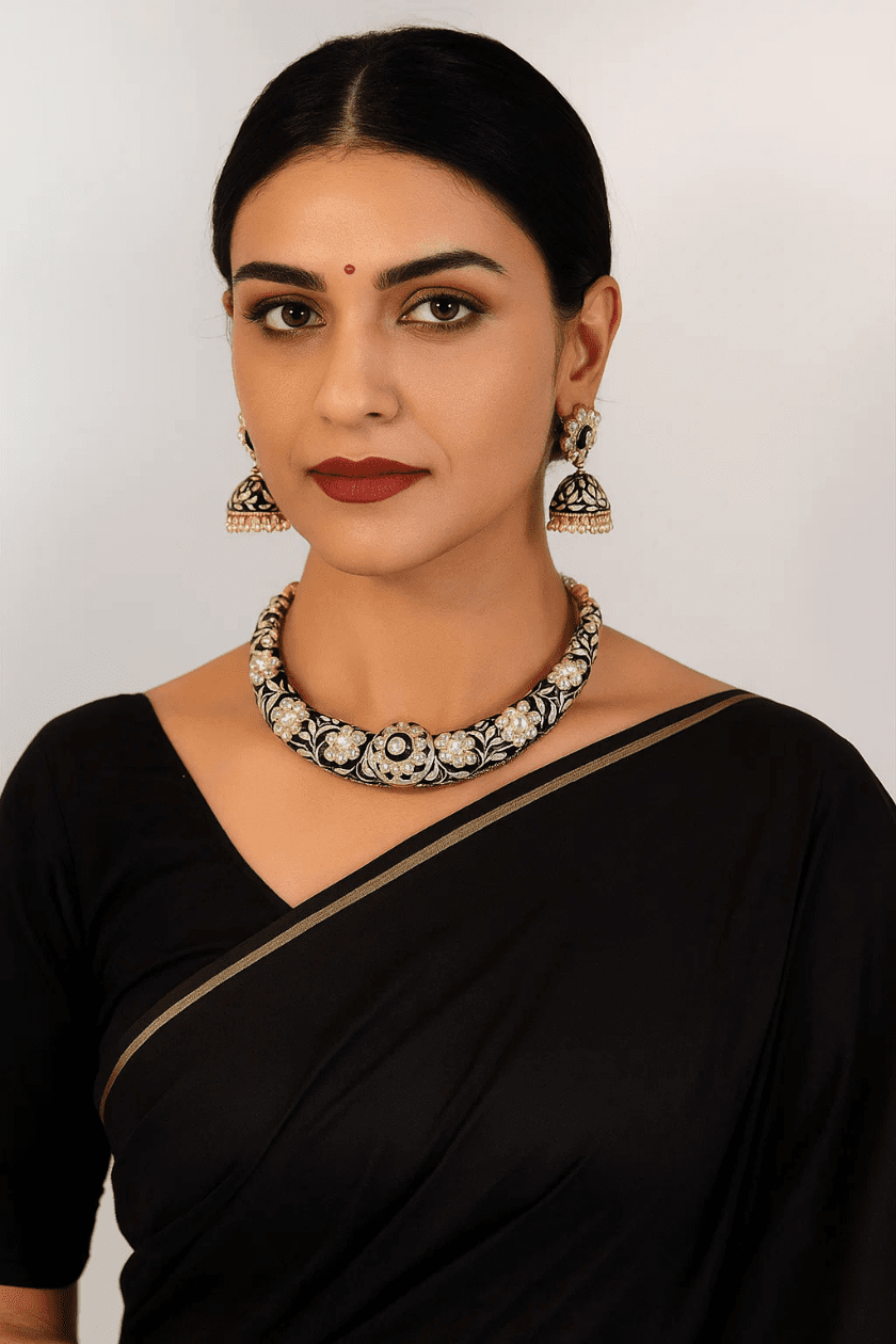 Kundan Meenakari Brass Husli Necklace - Marjani by Mona