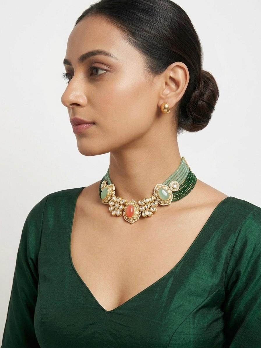 The Sage Ombré Bead & Coral-Kundan Fusion Choker